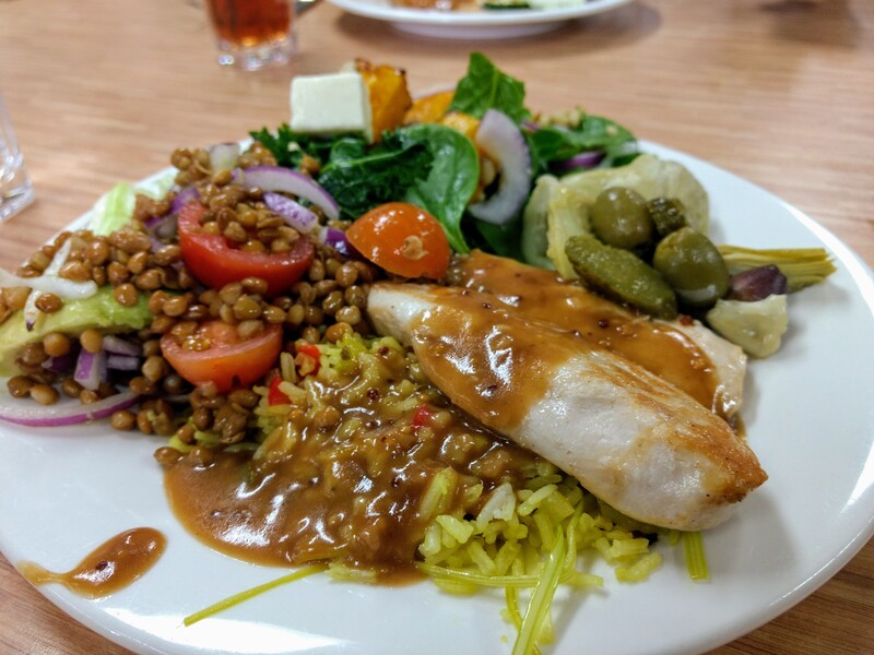 Dinner day 9 - Chicken fillet with herbed rice, pickles, and a lentil salad.