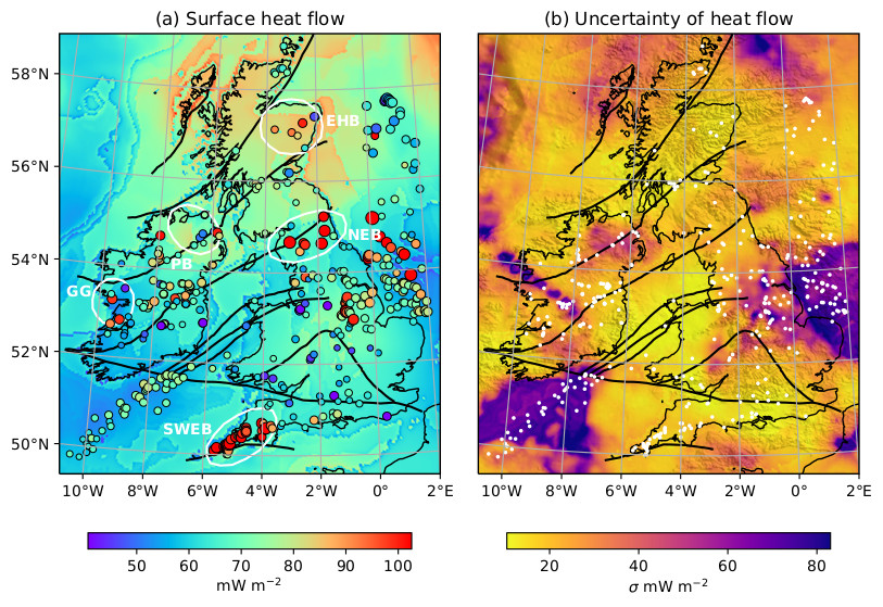Heat flow and its uncertainty throughout the British Isles